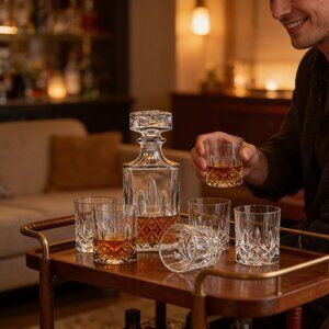 Studio Silversmiths 34 Oz. Diamond Decanter and 10 Oz. DOF Whiskey Glasses